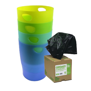Stacked tumblers and a box of bin liners