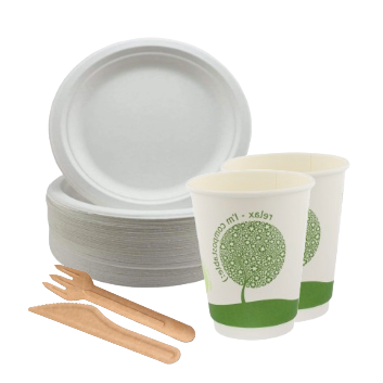 White paper plates and cups with wooden cutlery