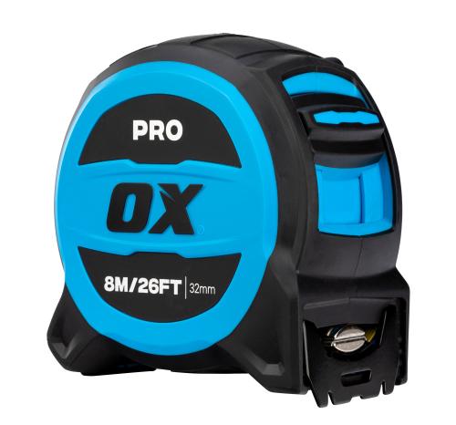 OX PRO 8M/26FT TUFF BLADE TAPE MEASURE - MAGNETIC DUAL HOOK & 32MM WIDE BLADE