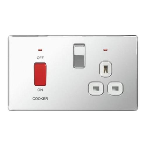 Knightsbridge Cooker Switch Bc 45A Dp Cooker Switch 13A Switched Socket With Neons & Grey Insert - Rounded Edge Brushed Chrome