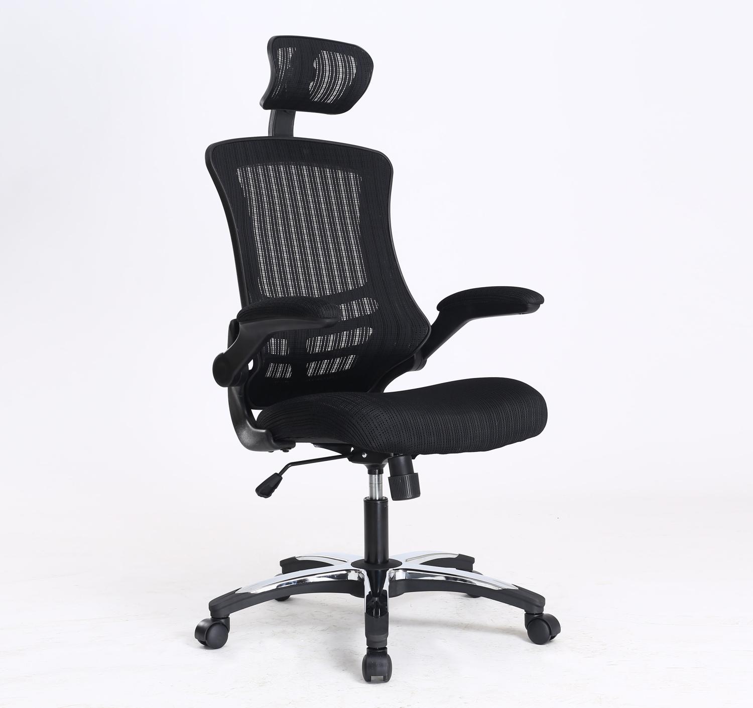 Deluxe Executive Mesh Operator Chair with Folding Arms, Chrome Base and Headrest