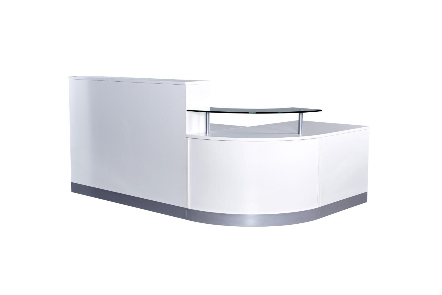 2400mm x 1600mm Reception Counter complete with Glass Shelf in White