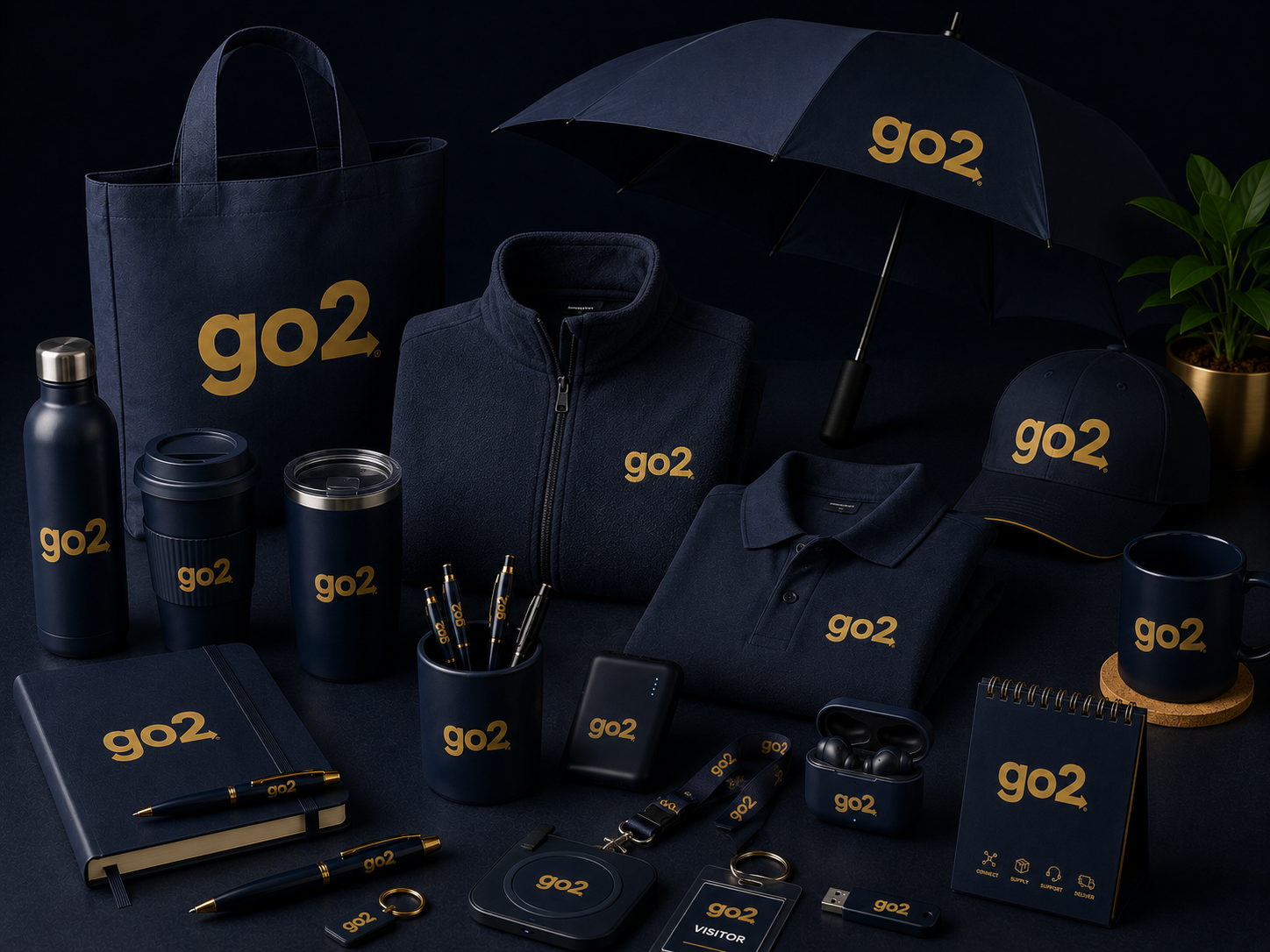 Coordinated collection of branded Go2 promotional merchandise