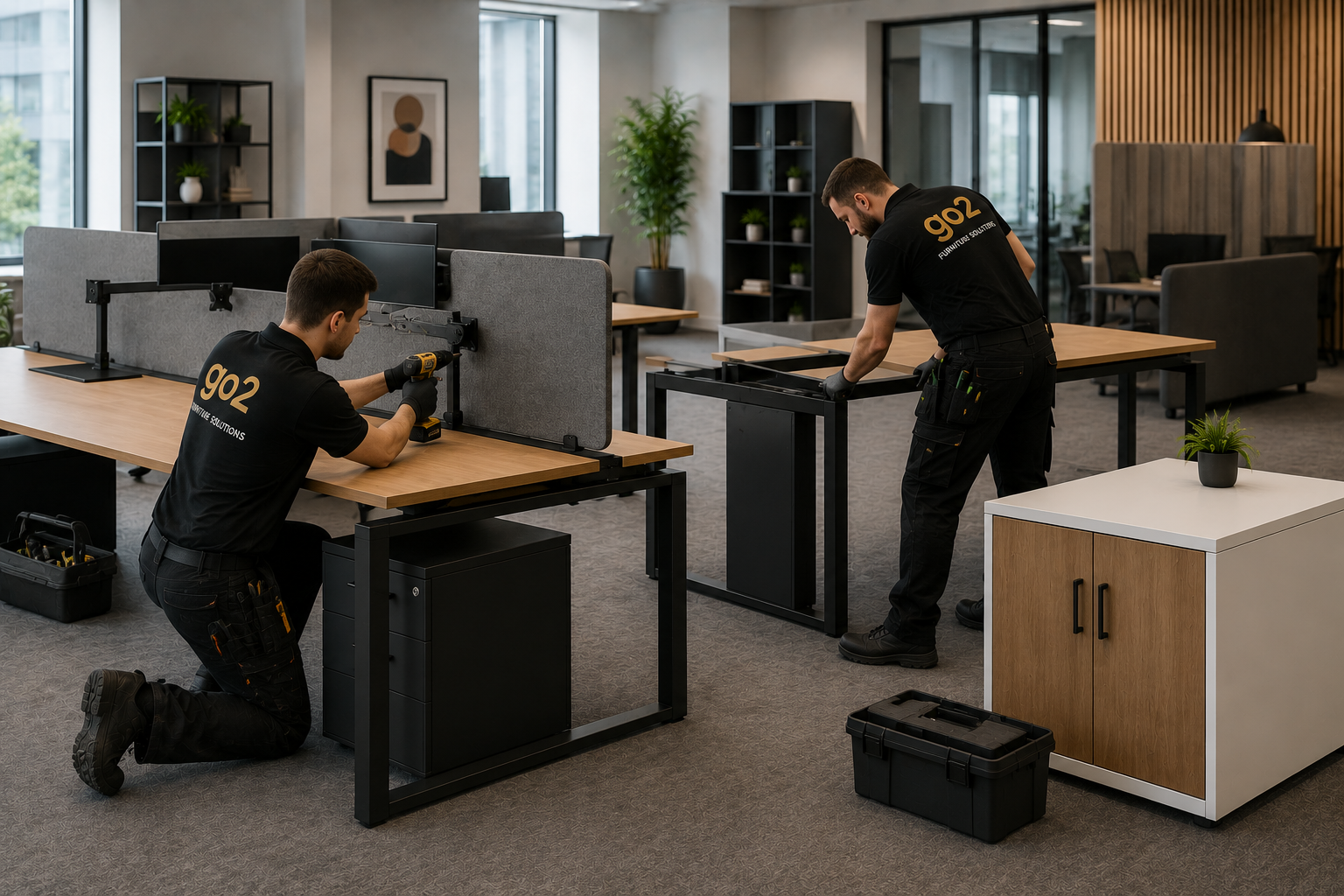 Professional furniture installers assembling office desks and screens