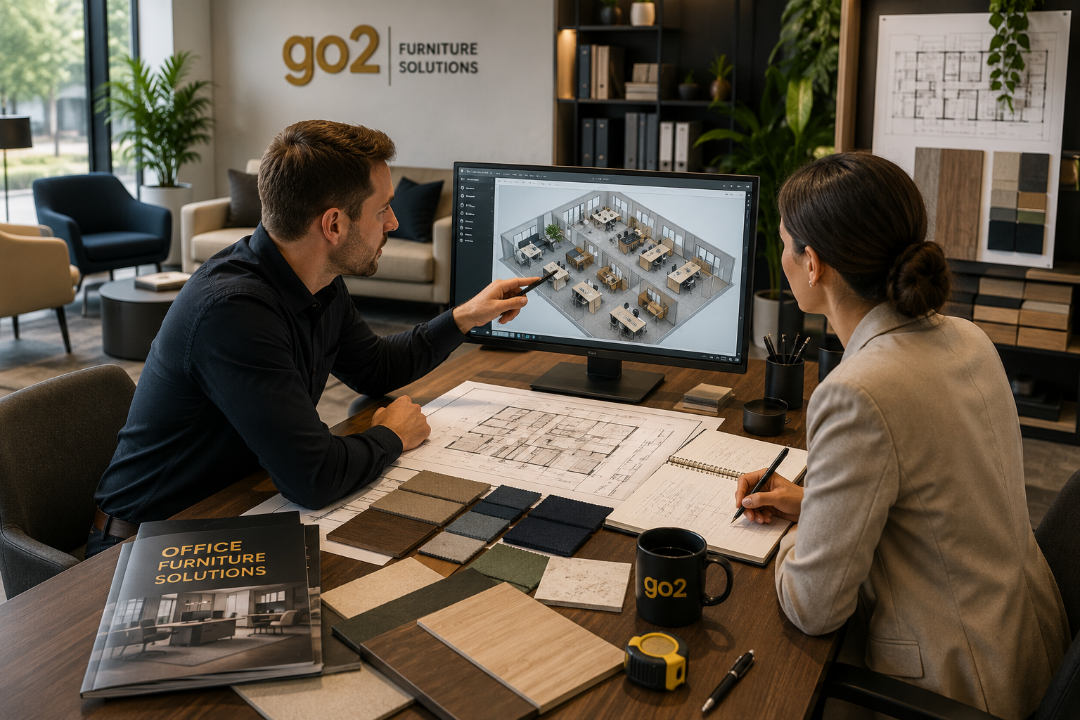 Furniture specialist presenting a CAD office layout
