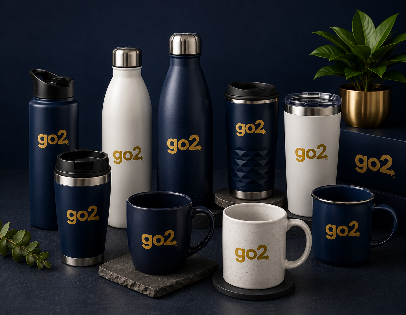Branded promotional drinkware including mugs, bottles and tumblers