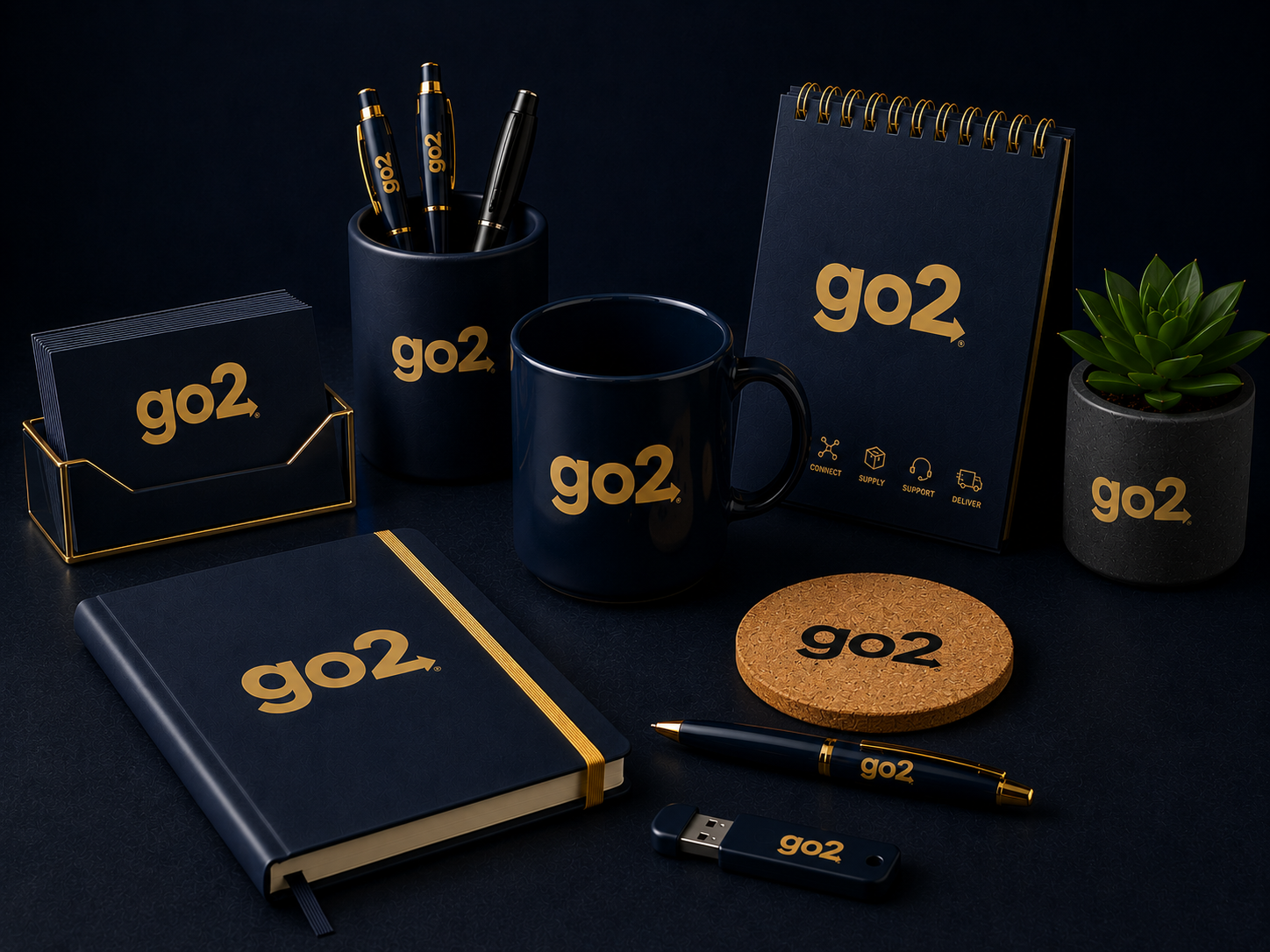 Branded promotional stationery including notebooks, pens and desk accessories