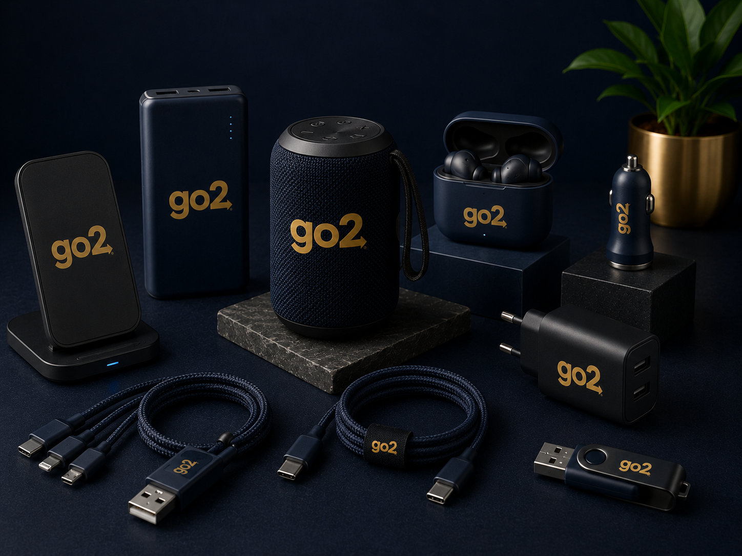 Branded technology gifts including chargers, speakers and power banks