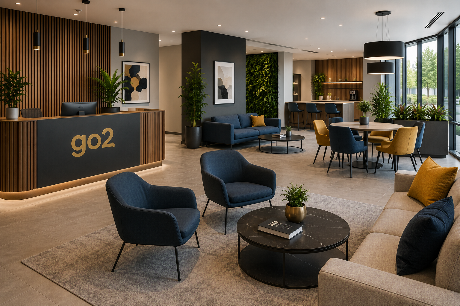 Modern office reception, breakout seating and refreshment area